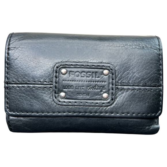 Fossil Handbags - FOSSIL Y2K Long Live Vintage 1954 Trifold Wallet Women's Black Leather 5.5"x4"